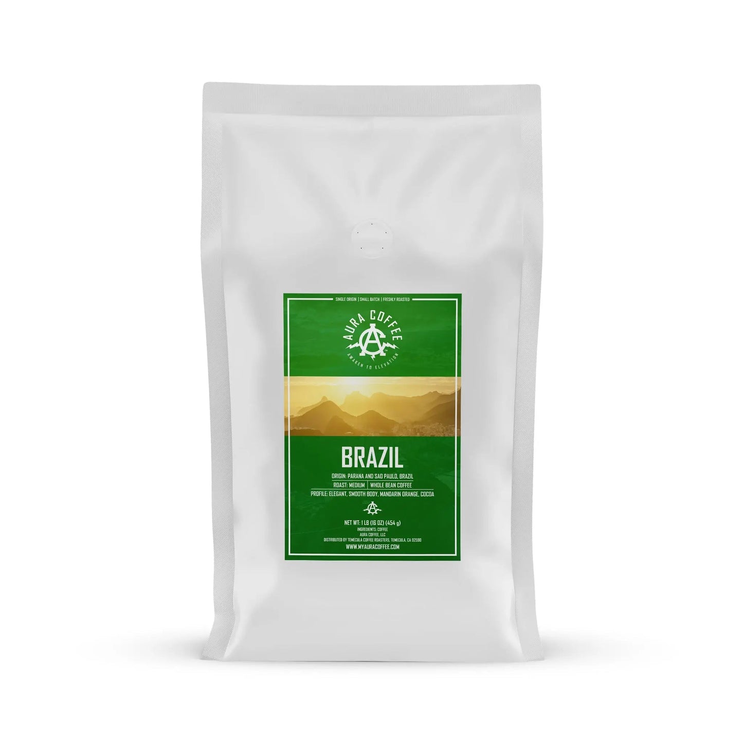 White pouch of Aura Coffee Brazil single-origin coffee.