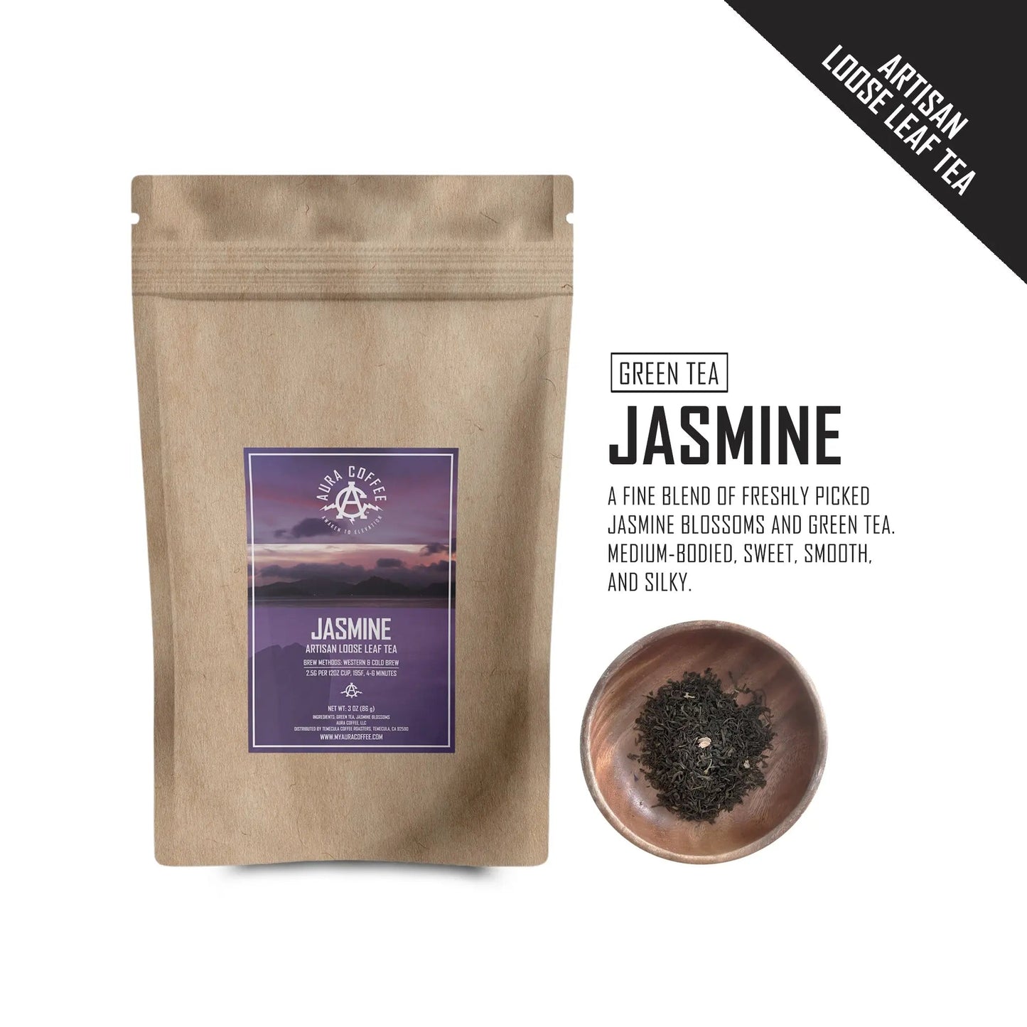 Pouch of Aura Coffee Jasmine premium artisan loose leaf green tea with flavor profile.
