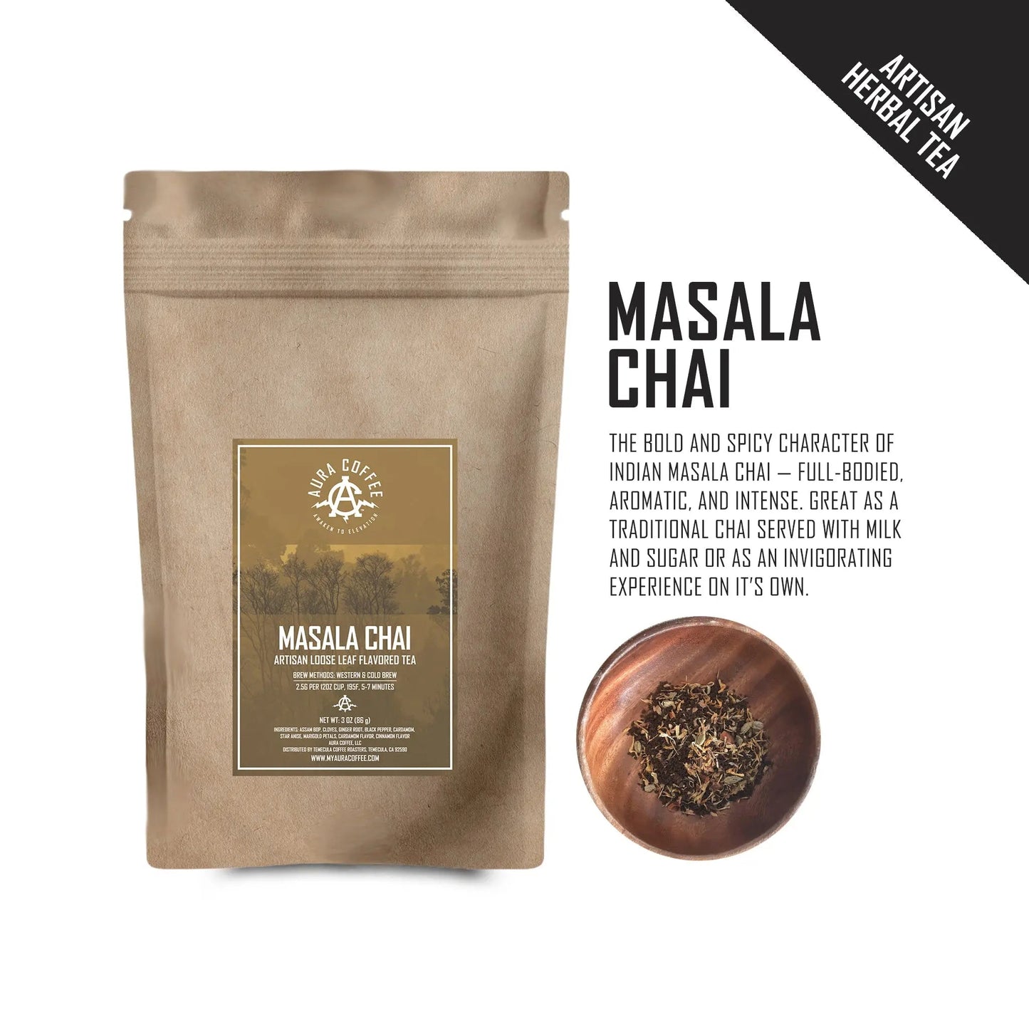 Pouch Aura Coffee Premium Masala Chai Artisan loose leaf flavored tea with flavor profile.