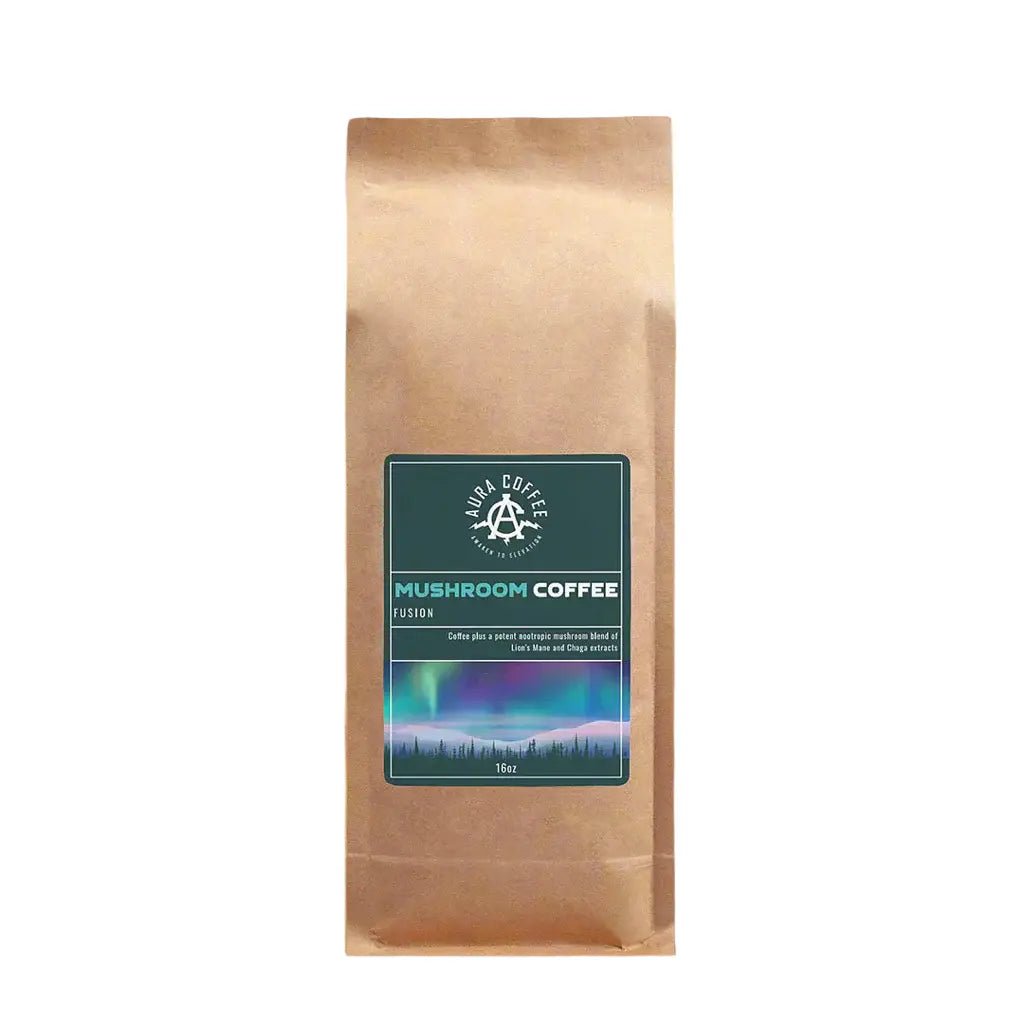Pouch of Aura Coffee Mushroom Coffee Fusion featuring Lion’s Mane & Chaga.