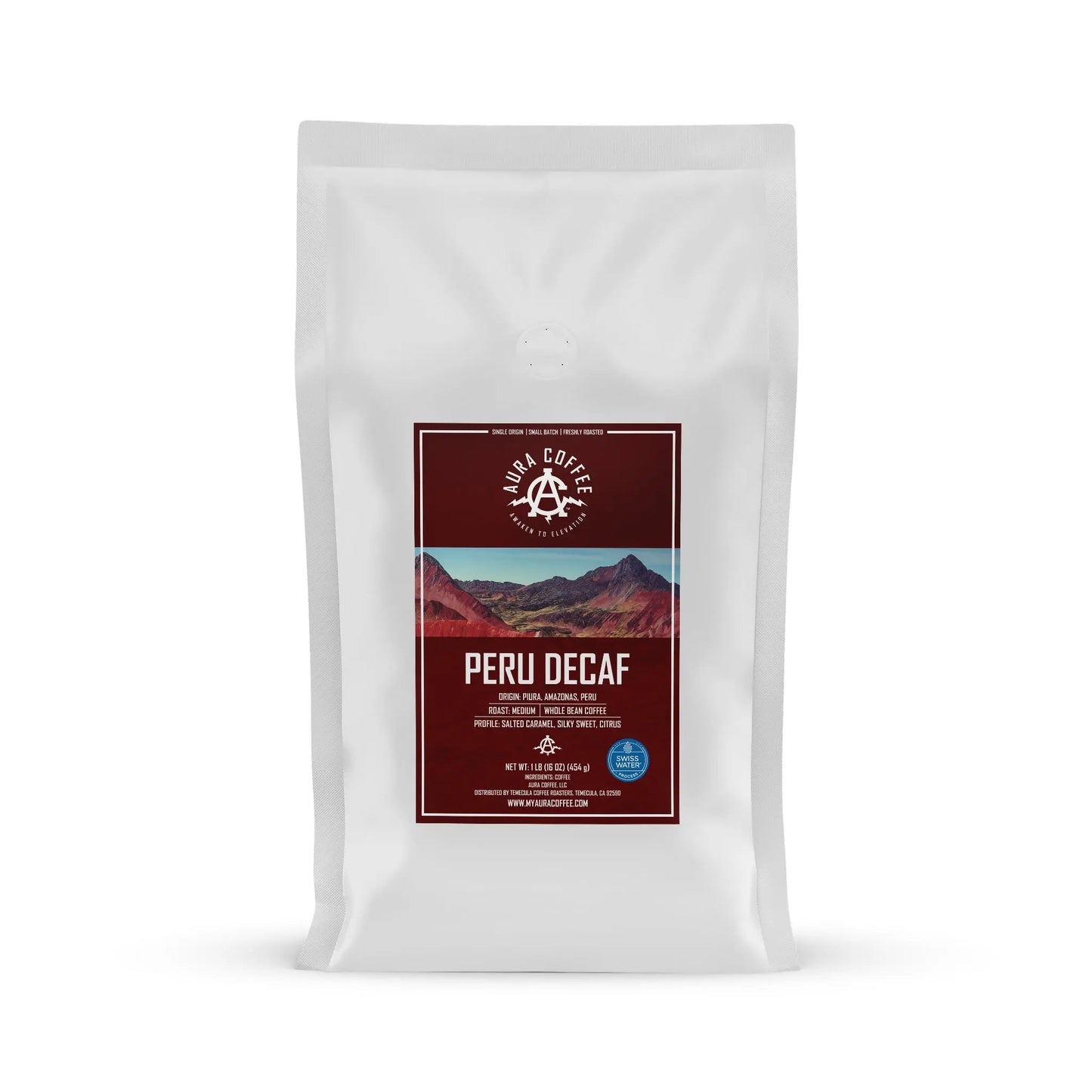 White pouch of Aura Coffee Decaf Peru single-origin coffee.