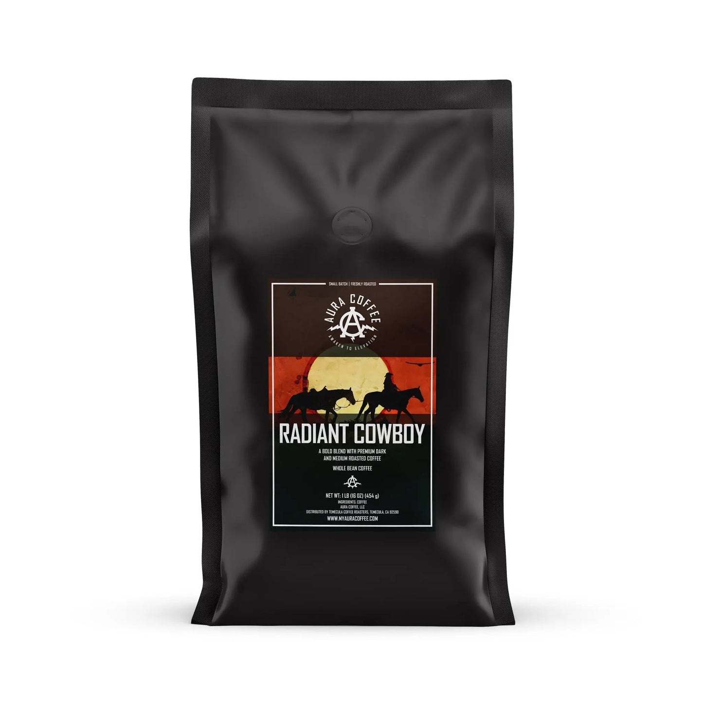 Black pouch of Aura Coffee Radiant Cowboy Medium/Dark Roast coffee.