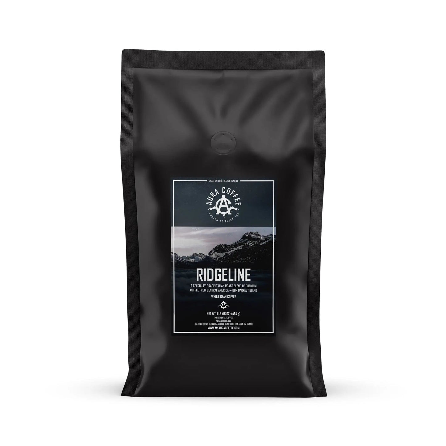 Black pouch of Aura Coffee Ridgeline Dark Roast coffee.