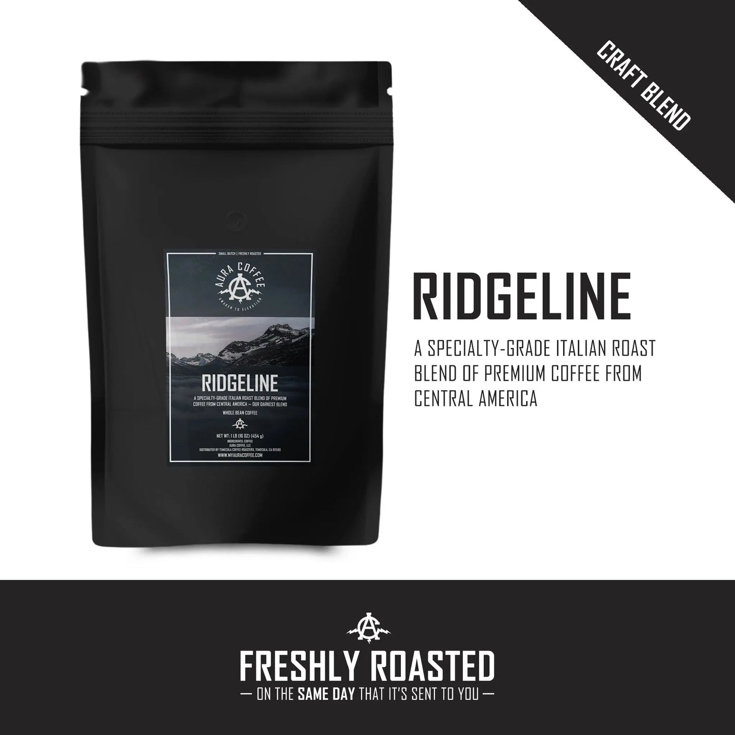 Black pouch of Aura Coffee Ridgeline Dark Roast coffee with blend details.