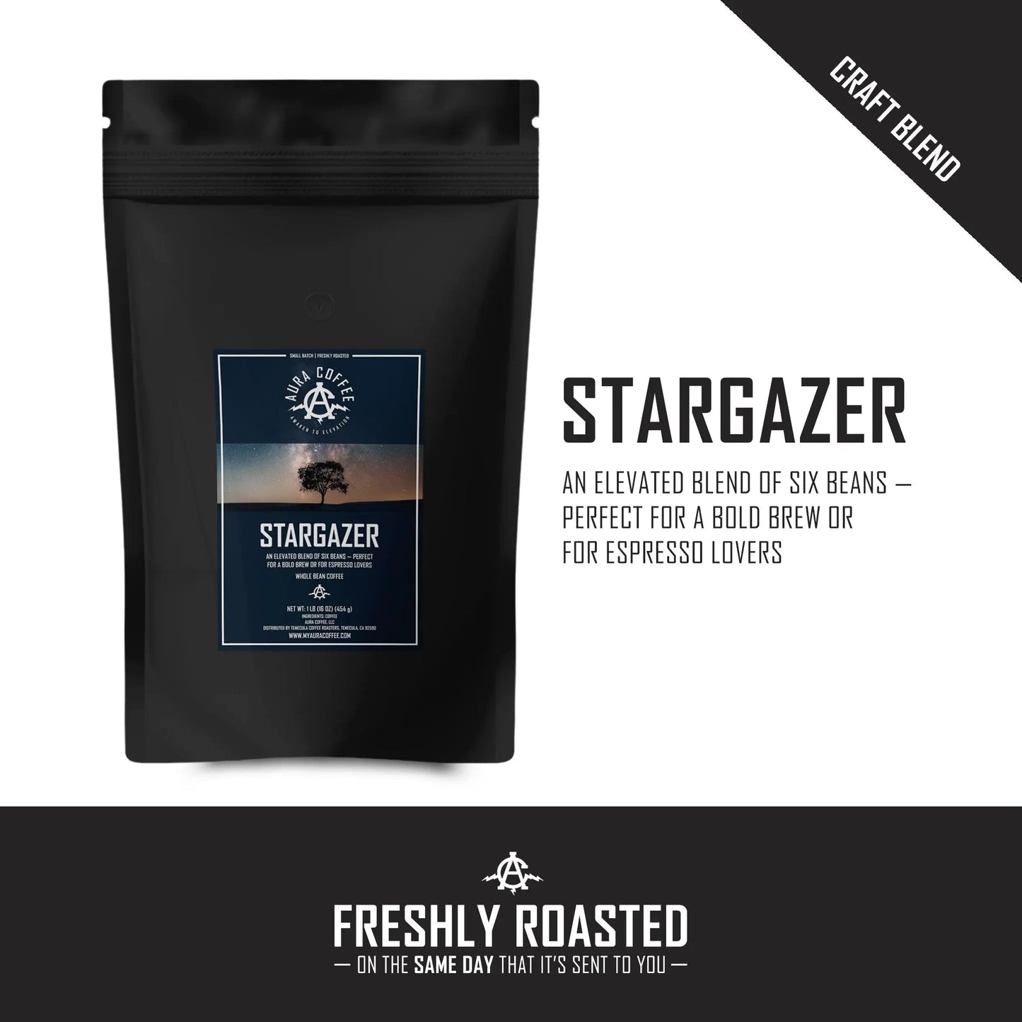 Black pouch of Aura Coffee Stargazer Espresso Roast coffee with description.