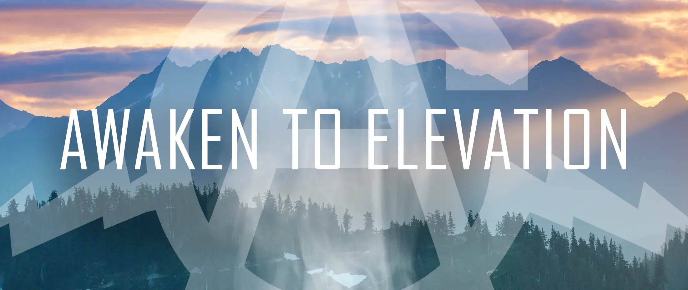 Mountain and woods scene with Aura Coffee logo and Awaken to Elevation.