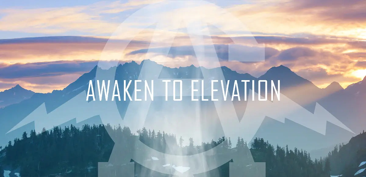 Mountain and woods scene with Aura Coffee logo and Awaken to Elevation.