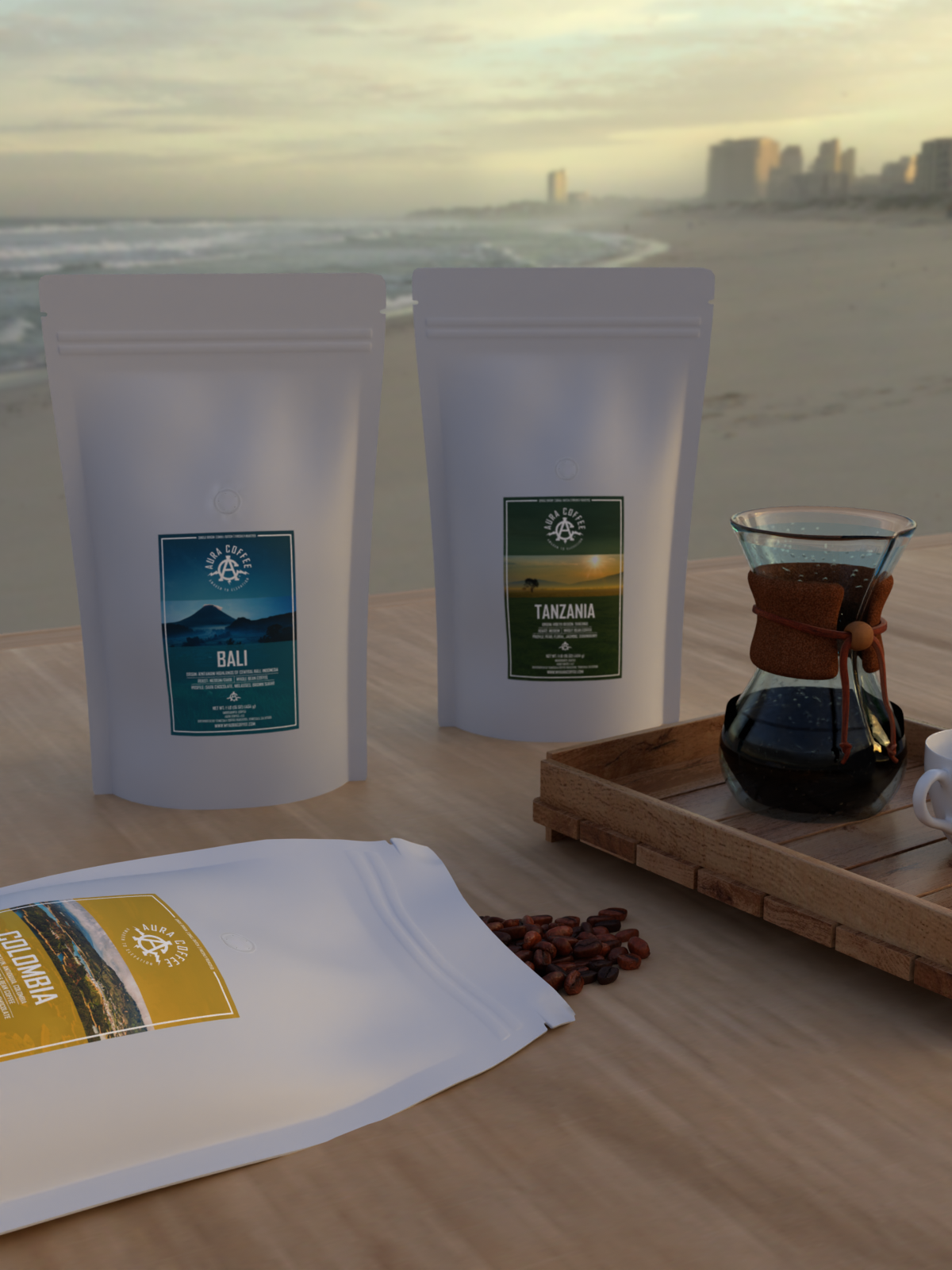 Aura Coffee Single Origin Coffee Collection on a table on the beach. Bali, Tanzania, Colombia, Peru, Brazil Coffees.