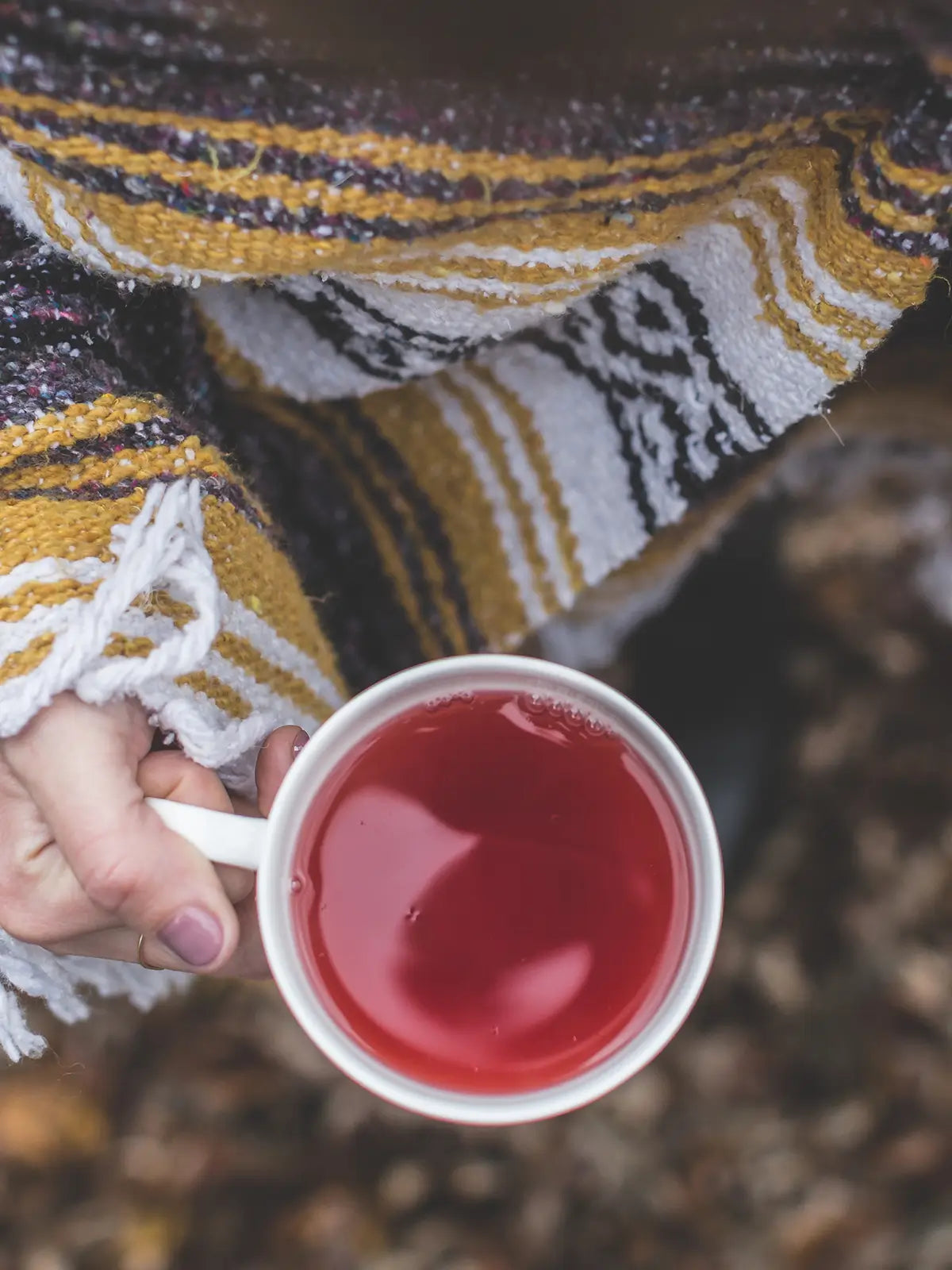 Overhead view of a person wearing a patterned poncho, holding a white mug filled with tea. The background is blurred, showing a scattered ground of brown and red leaves.