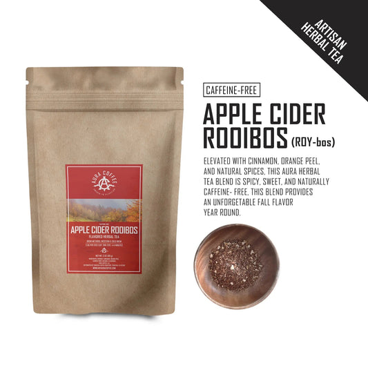 Pouch of Aura Coffee Apple Cider Roobios premium artisan loose leaf herbal tea with flavor profile.