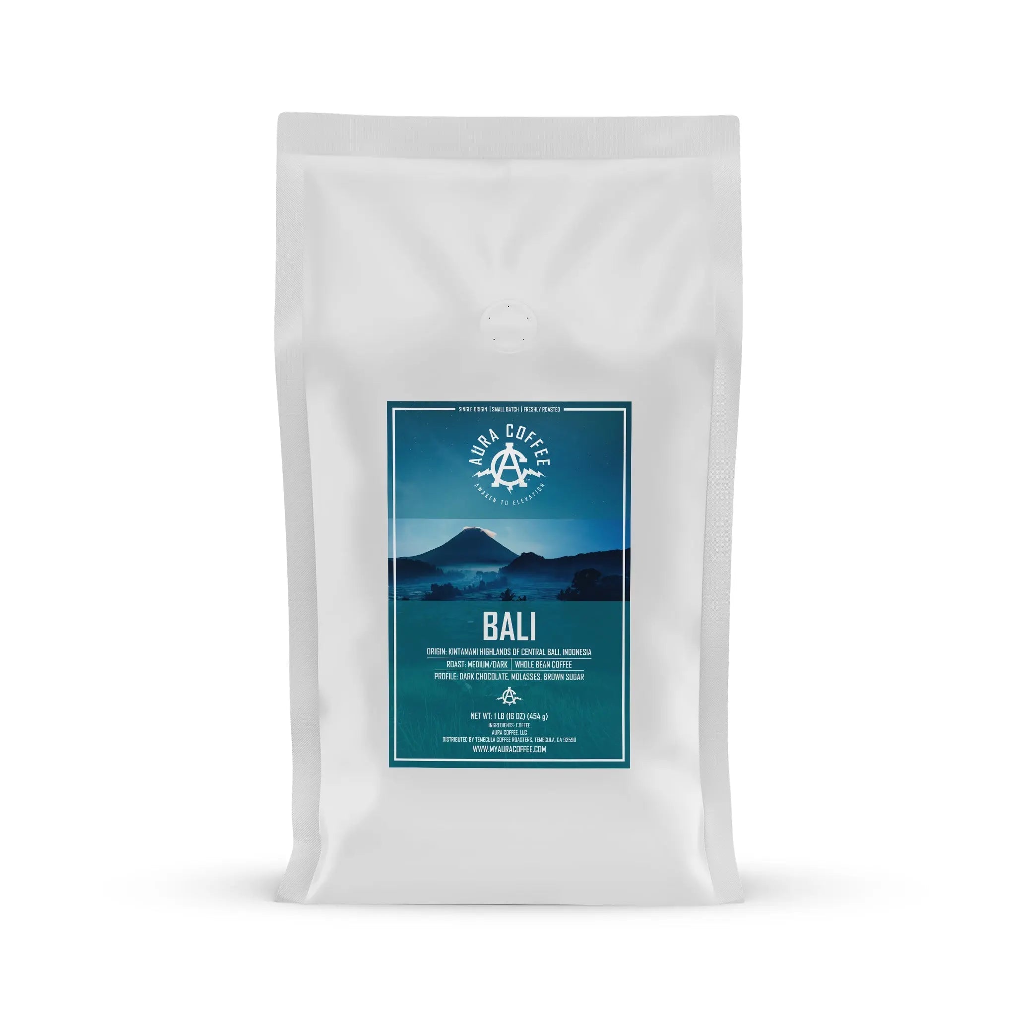 A white stand-up pouch of Aura Coffee Bali Single-origin.