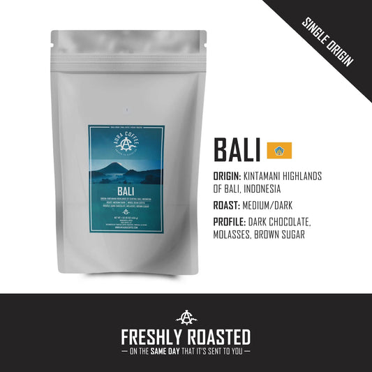 White pouch of Aura Coffee Bali single-origin coffee with origin and roast details.