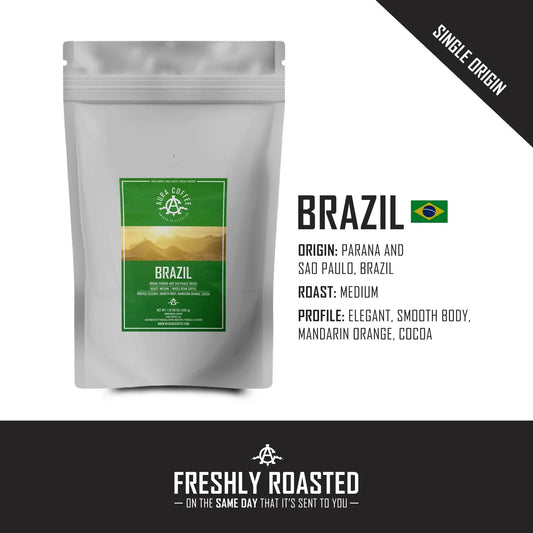 White pouch of Aura Coffee Brazil single-origin coffee with origin and roast details