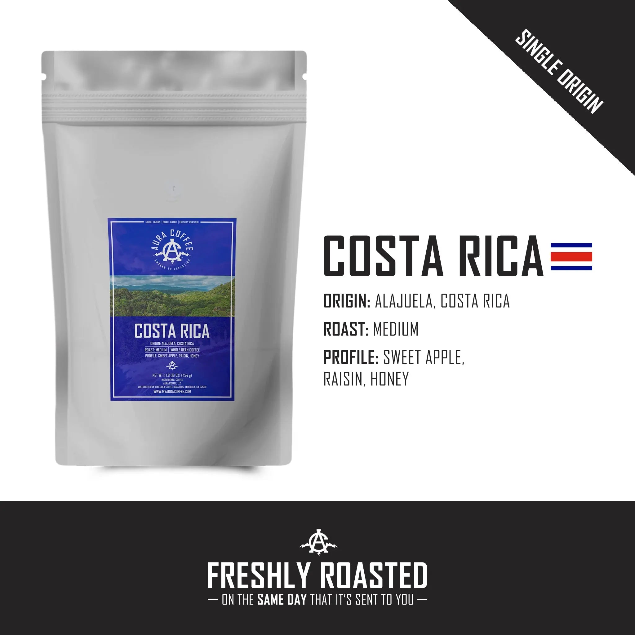 White pouch of Aura Coffee Costa Rica single-origin coffee with origin and roast details