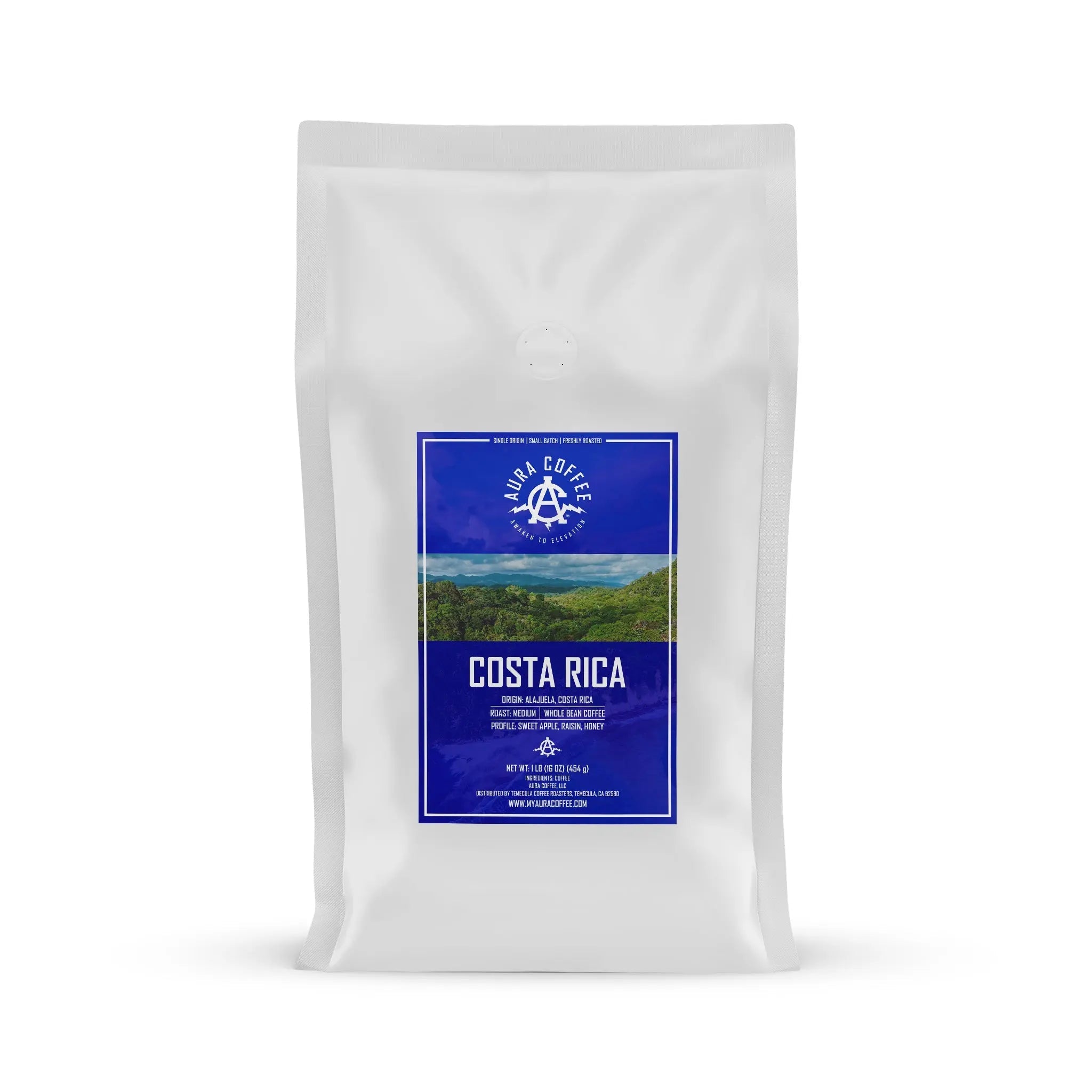White pouch of Aura Coffee Costa Rica single-origin coffee.