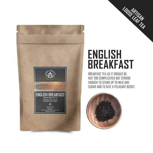 Pouch of Aura Coffee English Breakfast premium artisan loose leaf black tea with flavor profile.