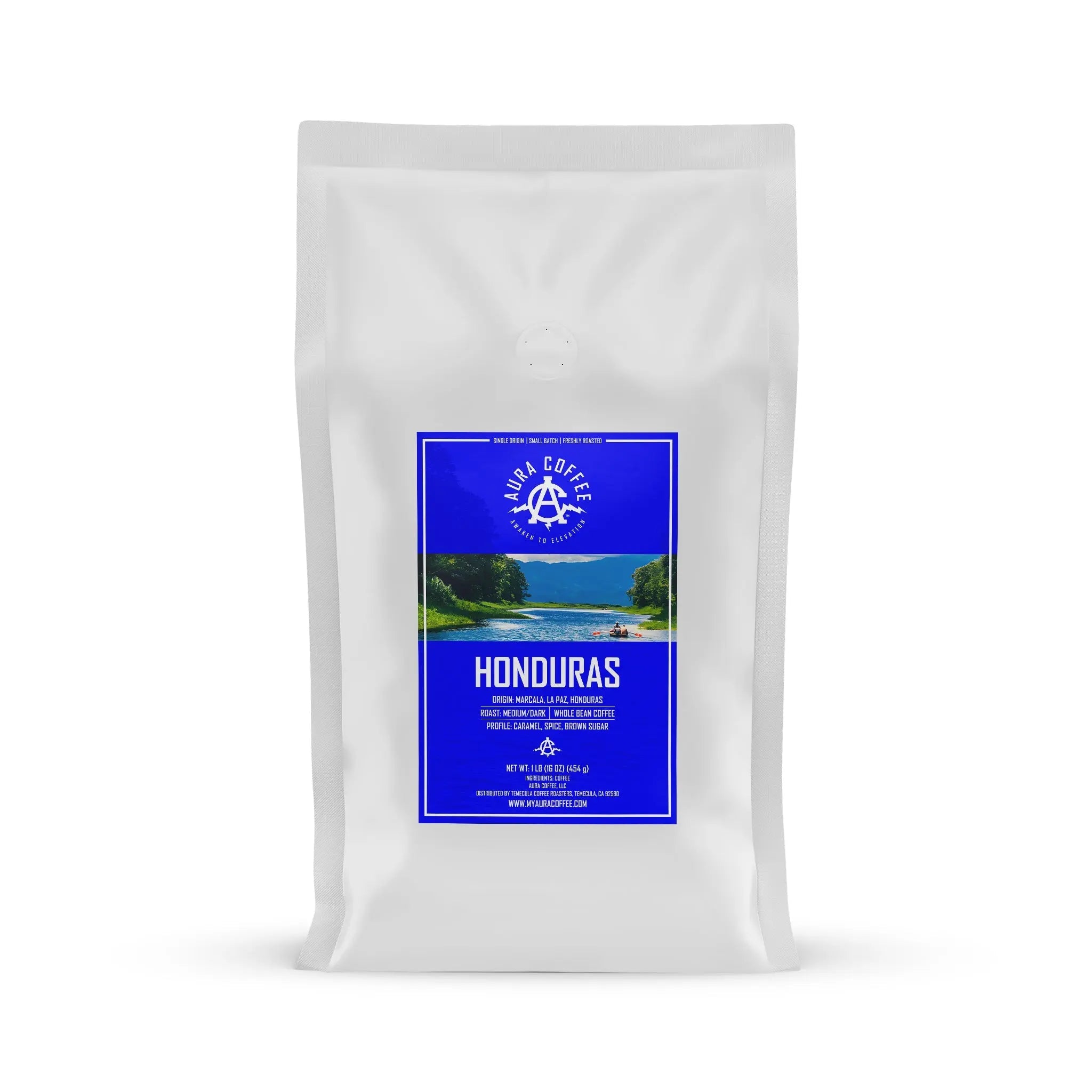 White pouch of Aura Coffee Honduras single-origin coffee.