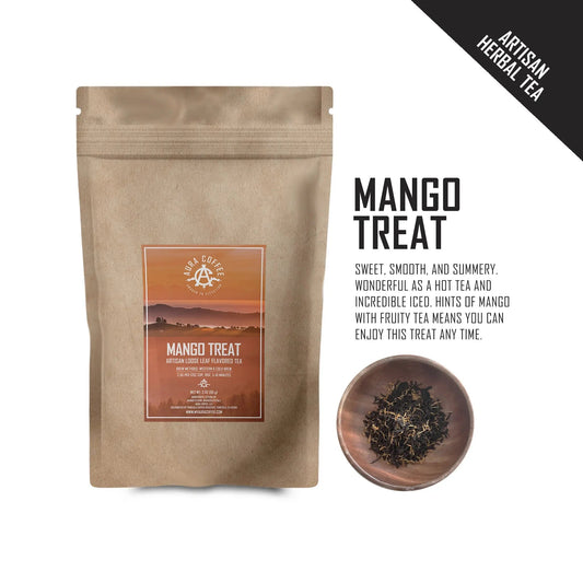 Pouch of Aura Coffee Mango Treat premium artisan loose leaf flavored tea with flavor profile.