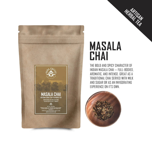 Pouch Aura Coffee Premium Masala Chai Artisan loose leaf flavored tea with flavor profile.