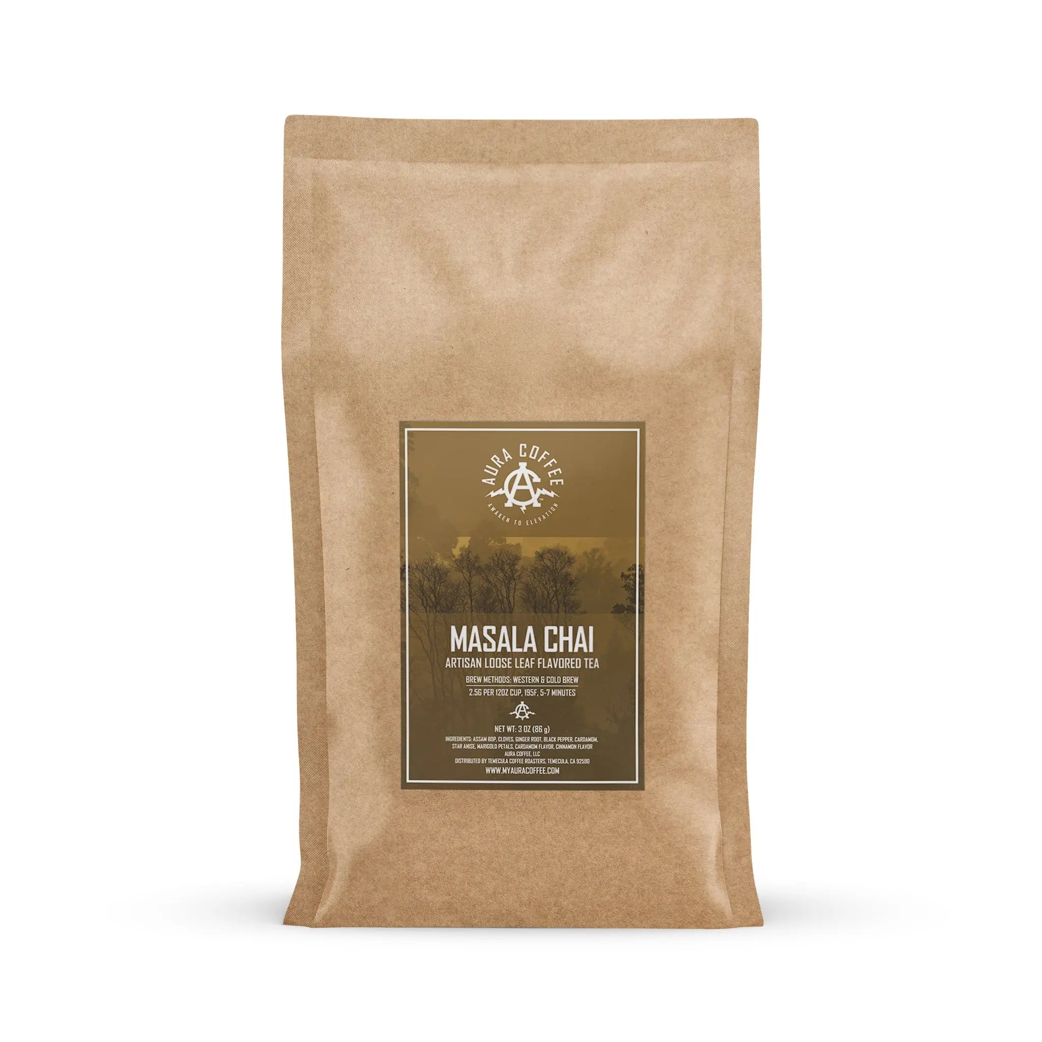 Pouch Aura Coffee Premium Masala Chai Artisan loose leaf flavored tea.