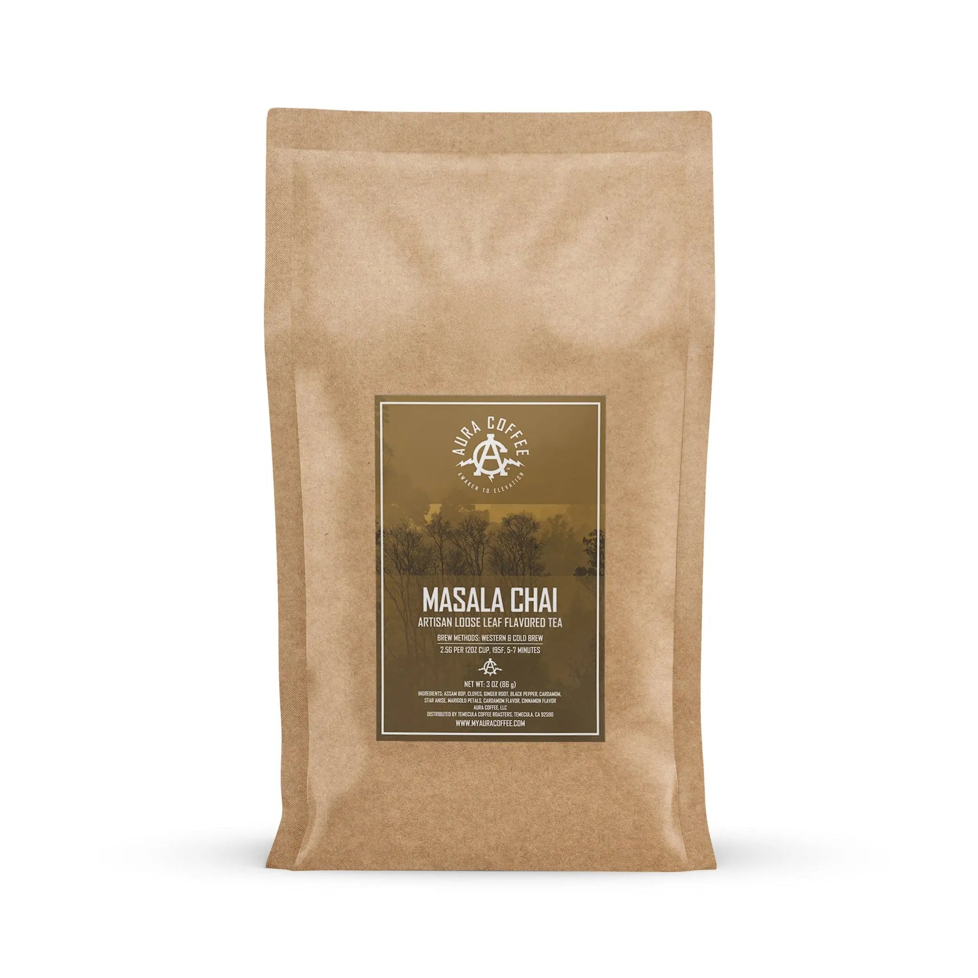Pouch Aura Coffee Premium Masala Chai Artisan loose leaf flavored tea.