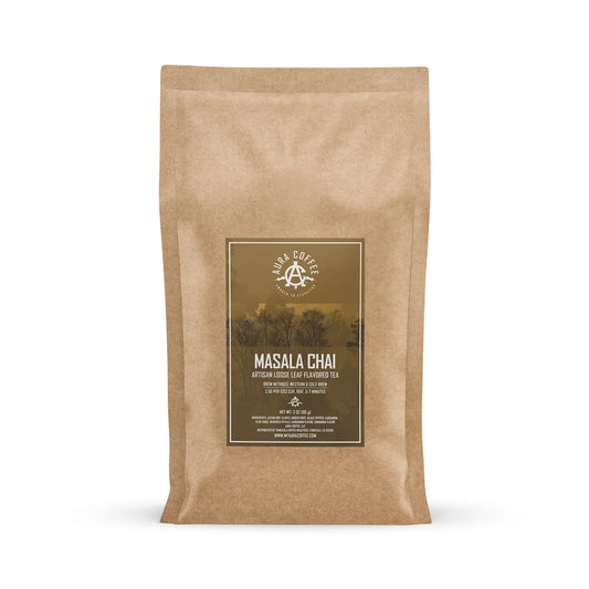 Pouch Aura Coffee Premium Masala Chai Artisan loose leaf flavored tea.