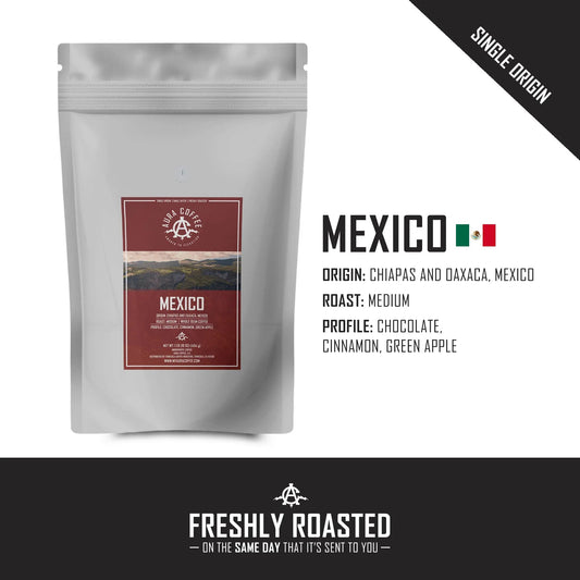 White pouch of Aura Coffee Mexico single-origin coffee with origin and roast details.