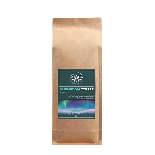 Pouch of Aura Coffee Mushroom Coffee Fusion featuring Lion’s Mane & Chaga.