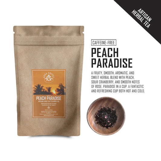 Pouch of Aura Coffee Peach Paradise premium artisan loose leaf flavored tea with flavor profile.