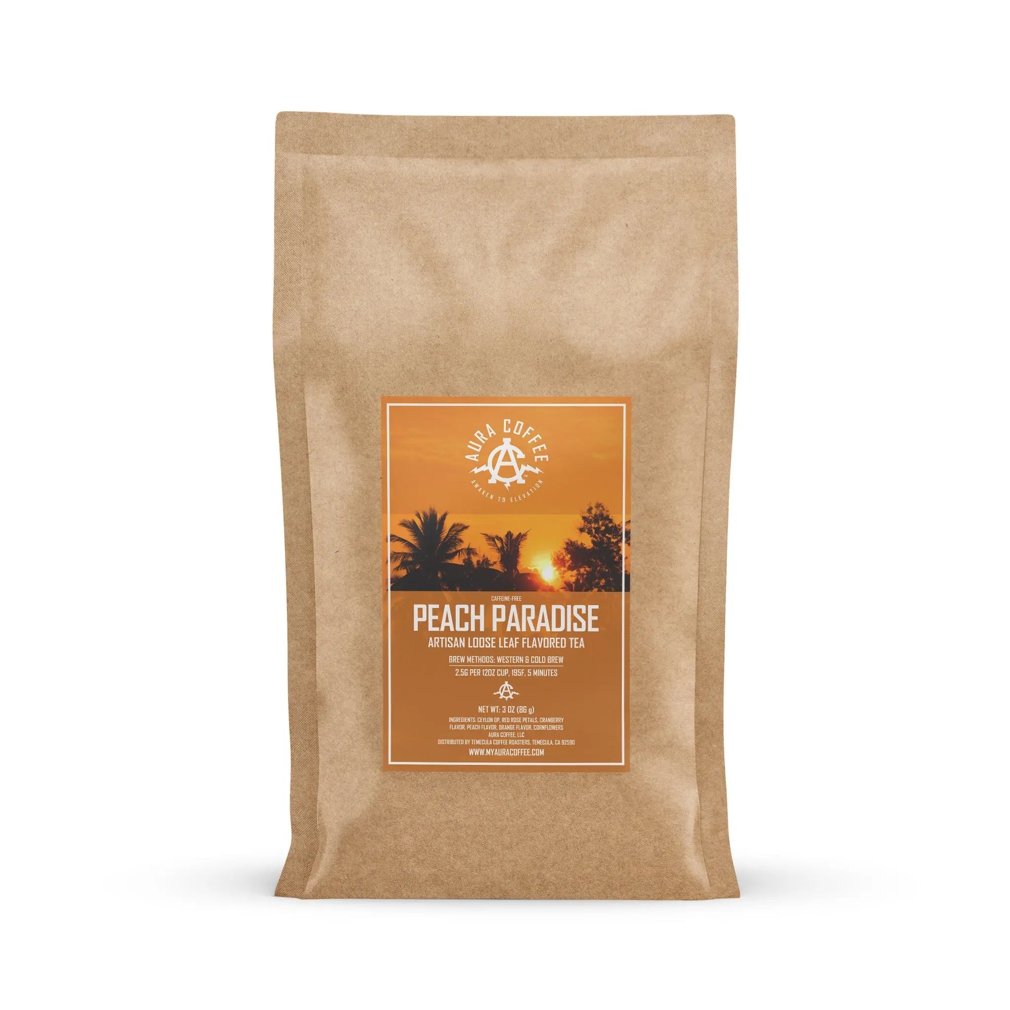 Pouch of Aura Coffee Peach Paradise premium artisan loose leaf flavored tea.
