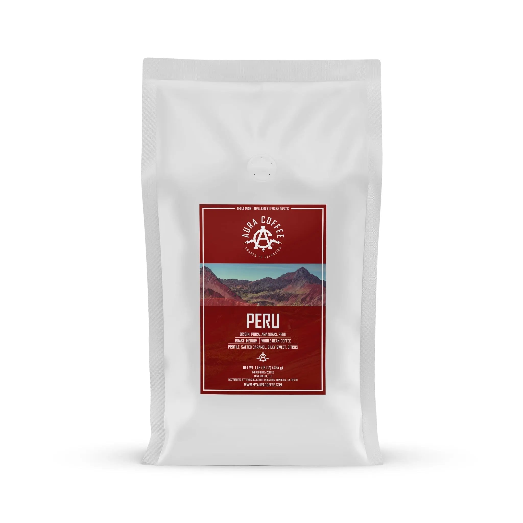 White pouch of Aura Coffee Peru single-origin coffee.