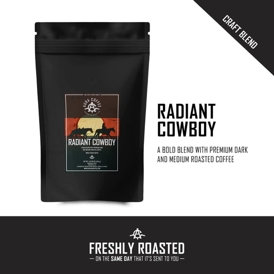 Black pouch of Aura Coffee Radiant Cowboy Medium/Dark Roast coffee with blend details.
