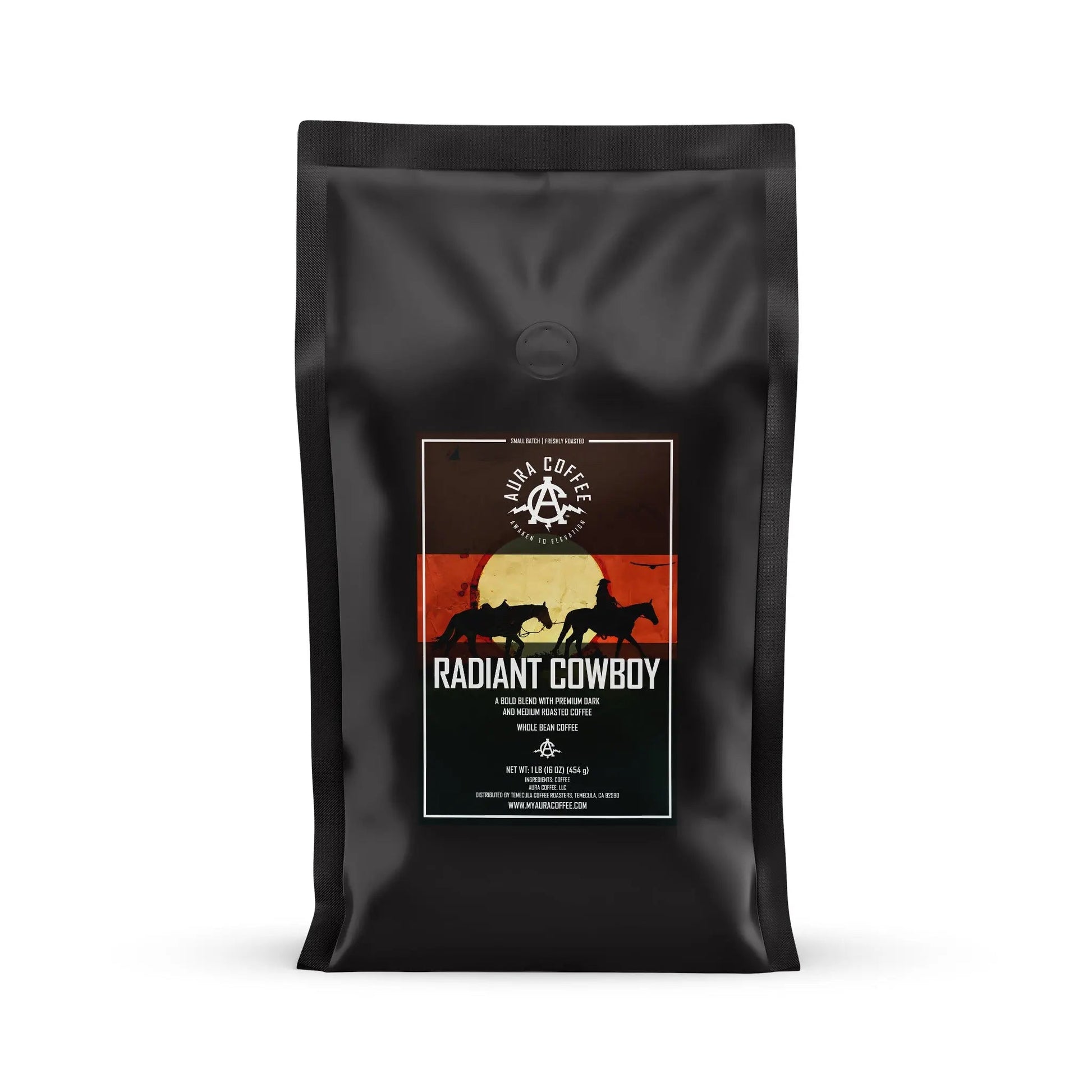 Black pouch of Aura Coffee Radiant Cowboy Medium/Dark Roast coffee.