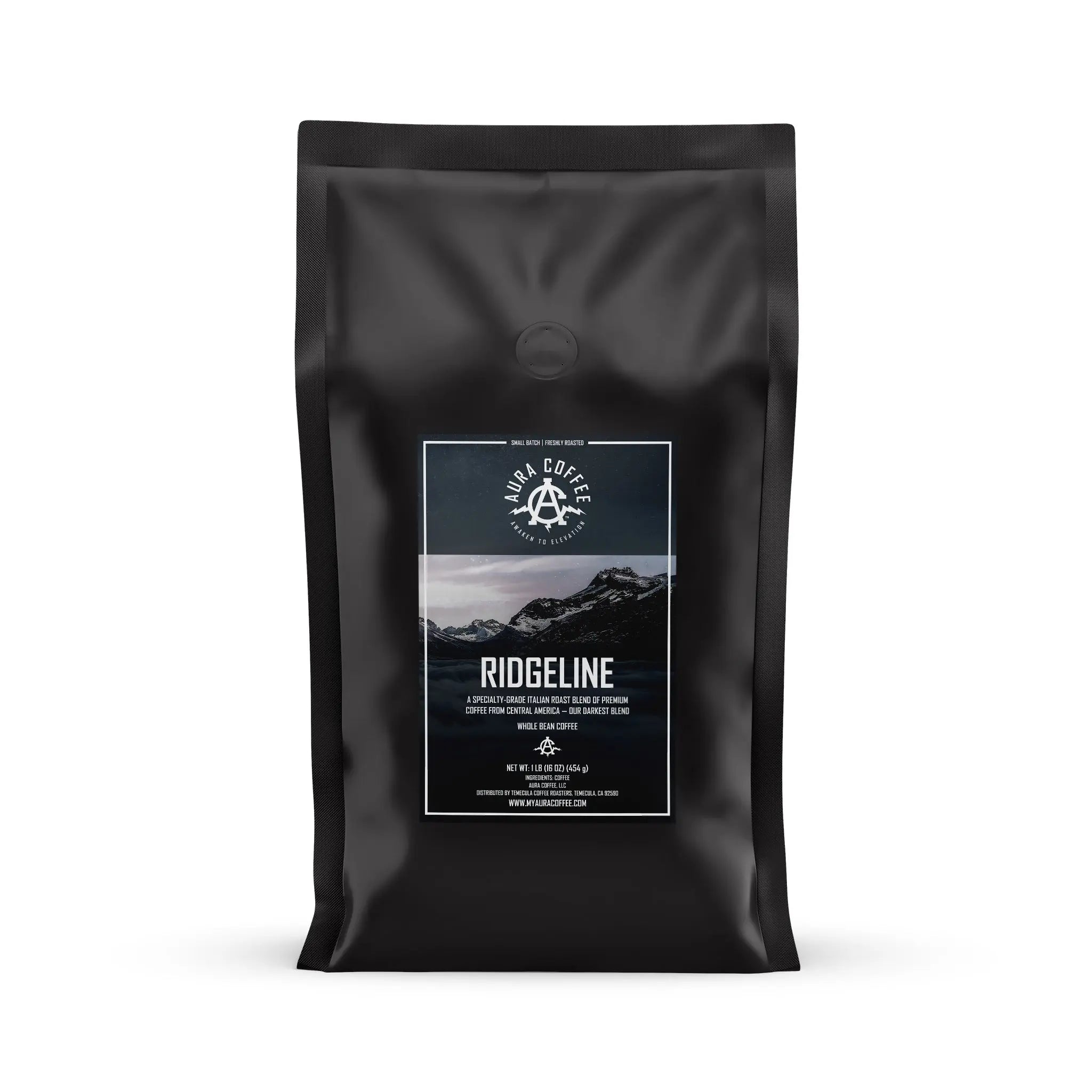 Black pouch of Aura Coffee Ridgeline Dark Roast coffee.