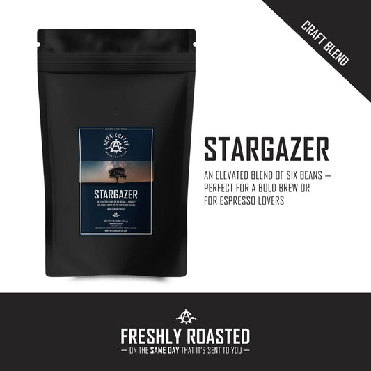 Black pouch of Aura Coffee Stargazer Espresso Roast coffee with description.