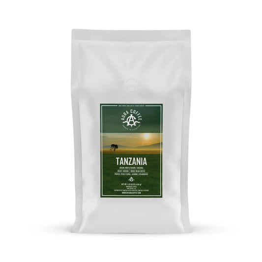 White pouch of Aura Coffee Tanzania single-origin coffe.